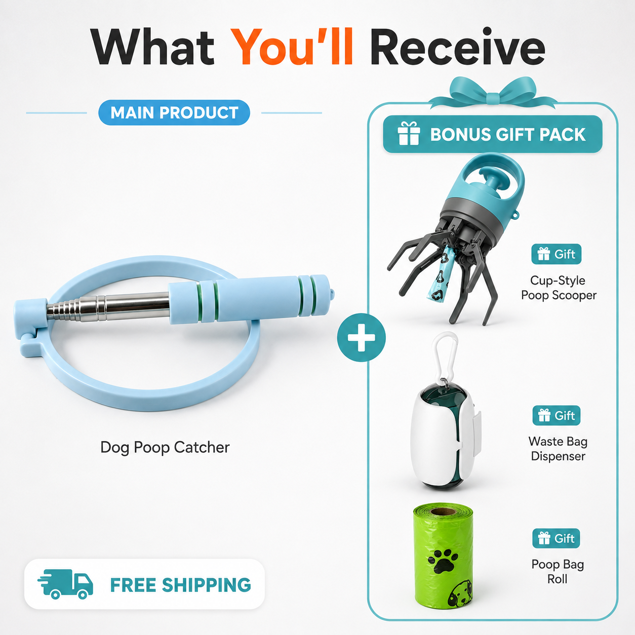 What you will receive with the sky blue Dog Waste Catcher Kit