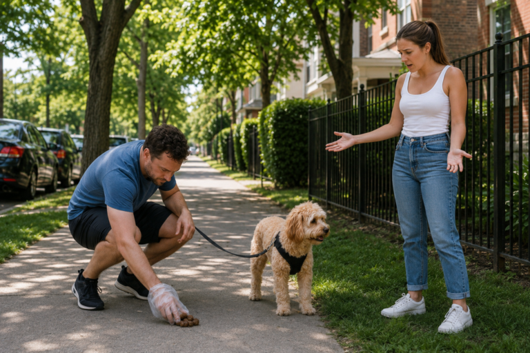 Dog owner picking up dog waste during a walk