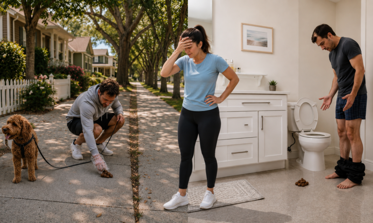 Outdoor and indoor dog waste cleanup scenes
