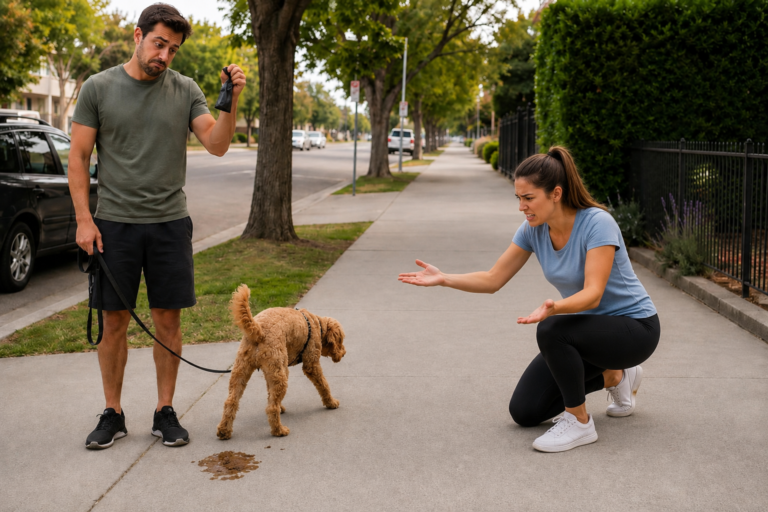 Dog owners handling an unexpected cleanup moment