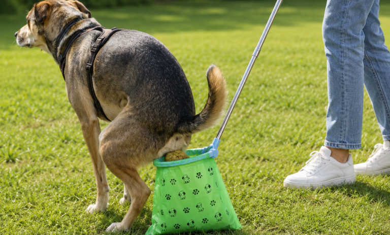 Dog waste catcher positioned behind a dog outdoors